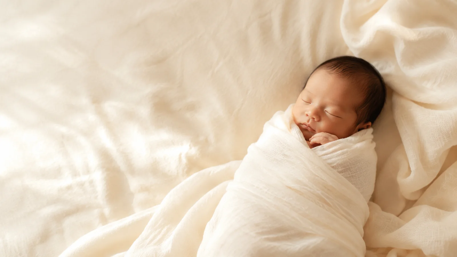 アイボリーのリネンに包まれて眠る新生児
