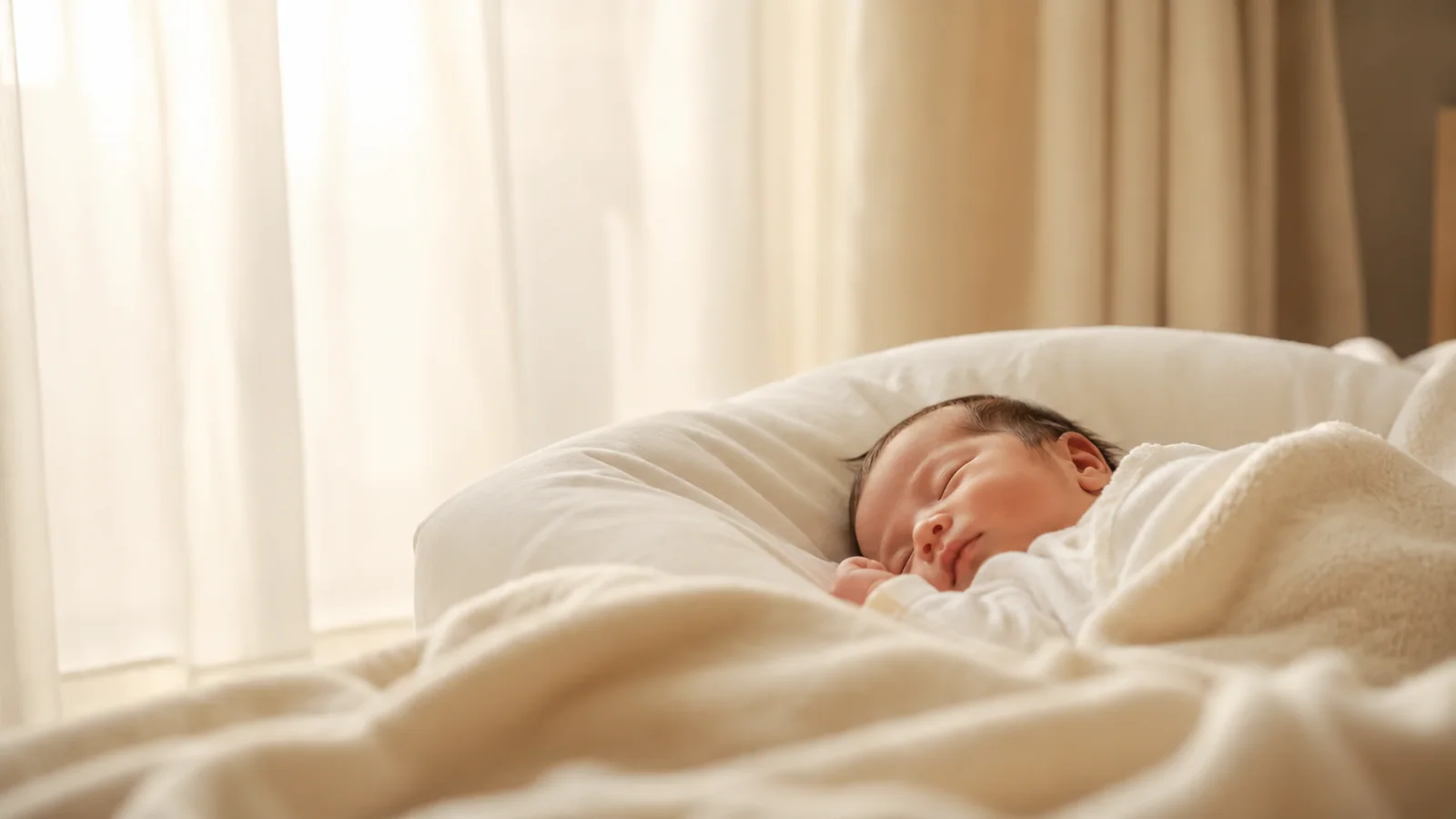 夜明けの柔らかな光の中で眠る新生児