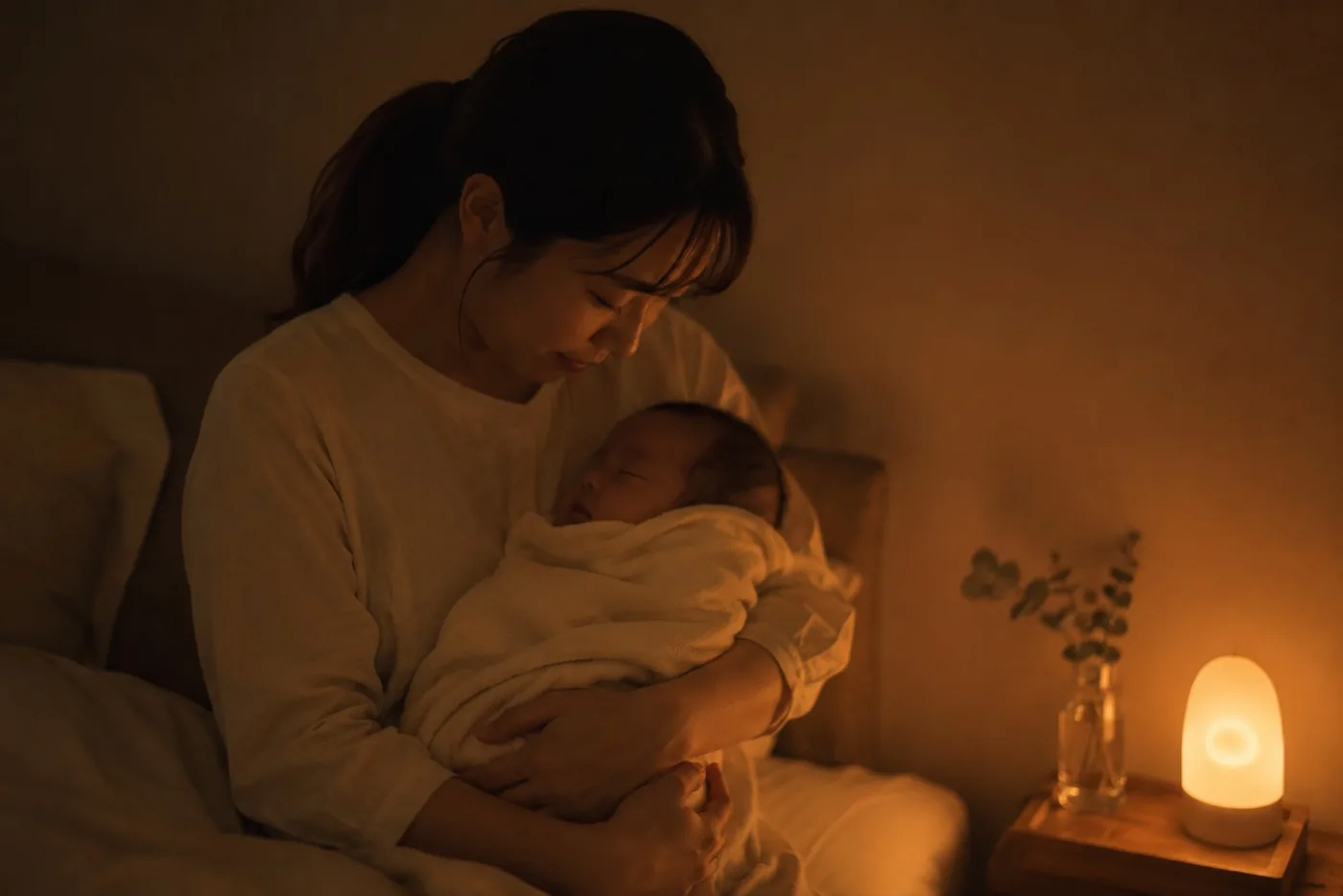 深夜の寝室で赤ちゃんを抱いて寝かしつける様子