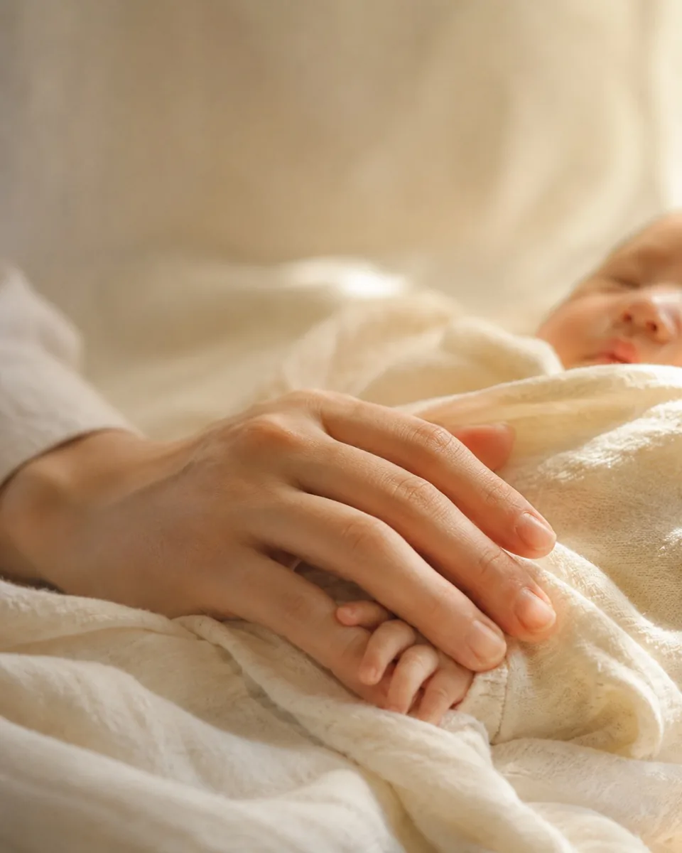 やわらかな光の中で眠る赤ちゃんの手にそっと触れる大人の手