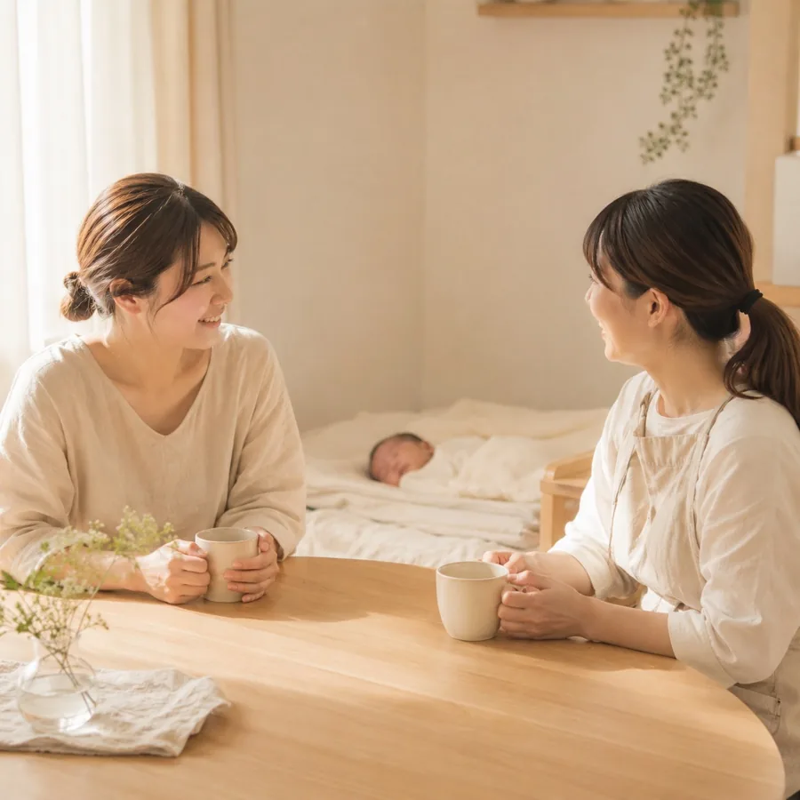 赤ちゃんが眠る傍らでお茶を飲みながら助産師と話すお母さん