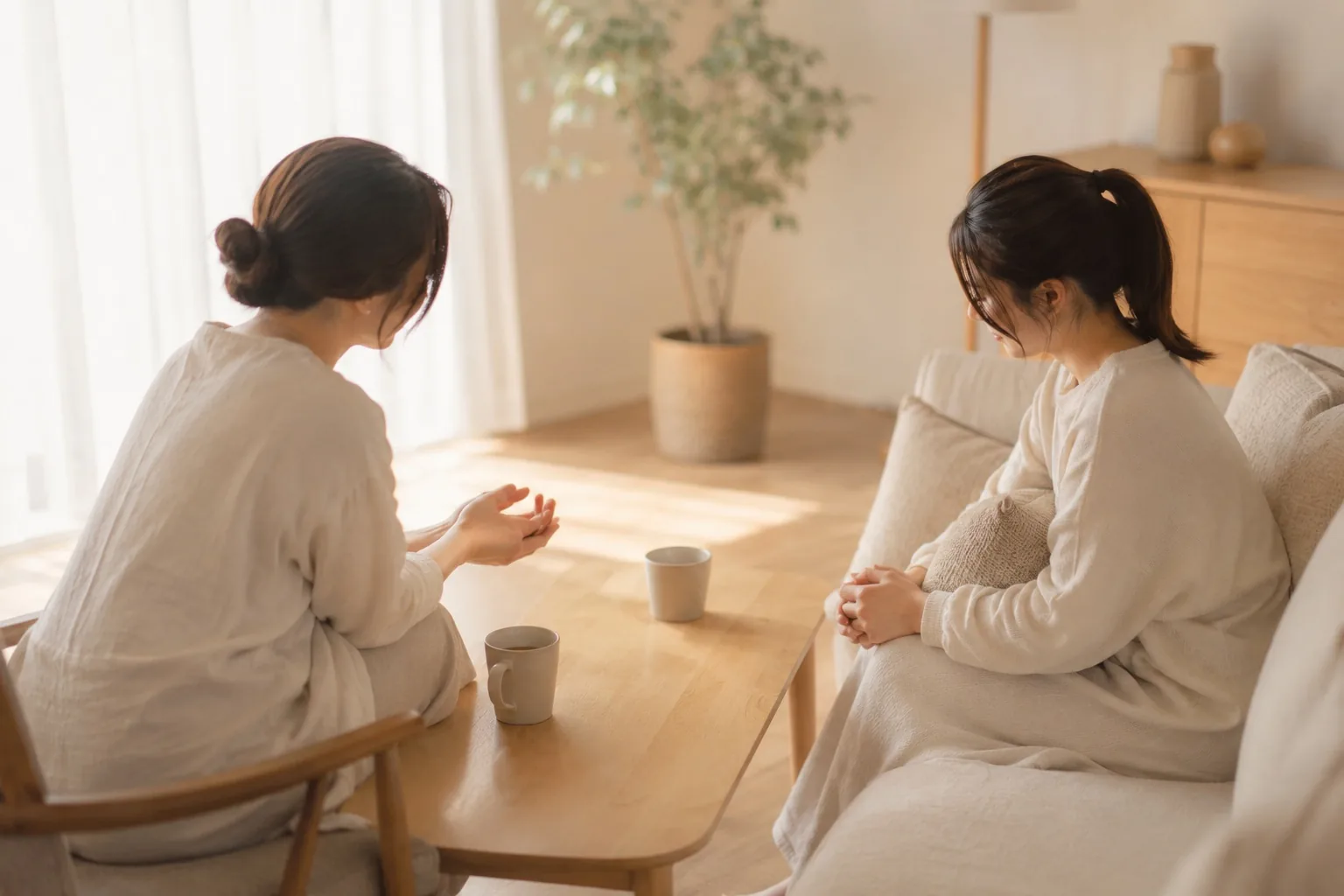 リビングで母親の体調について静かに話を聞く助産師