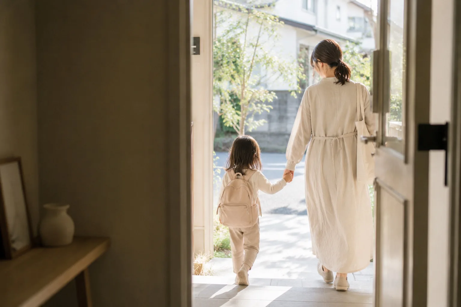 朝の玄関先で上のお子さまと手をつないで園へ向かう様子