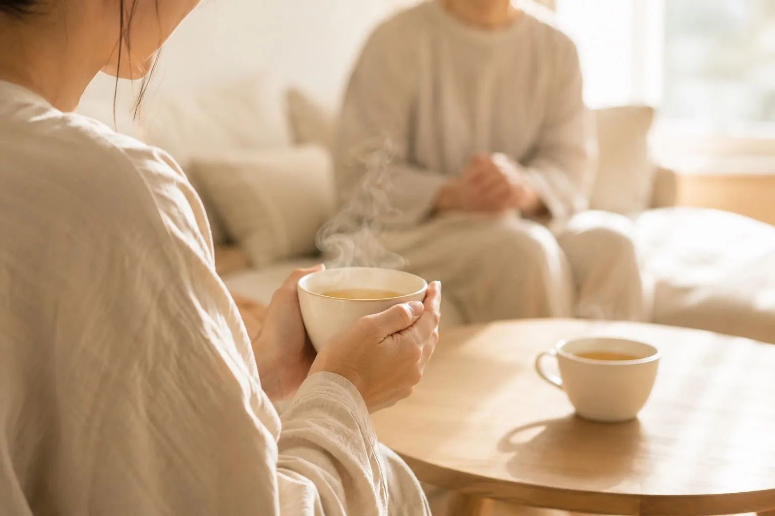 湯気の立つノンカフェインのお茶を両手で包むお母さんと、隣で話を聞く助産師